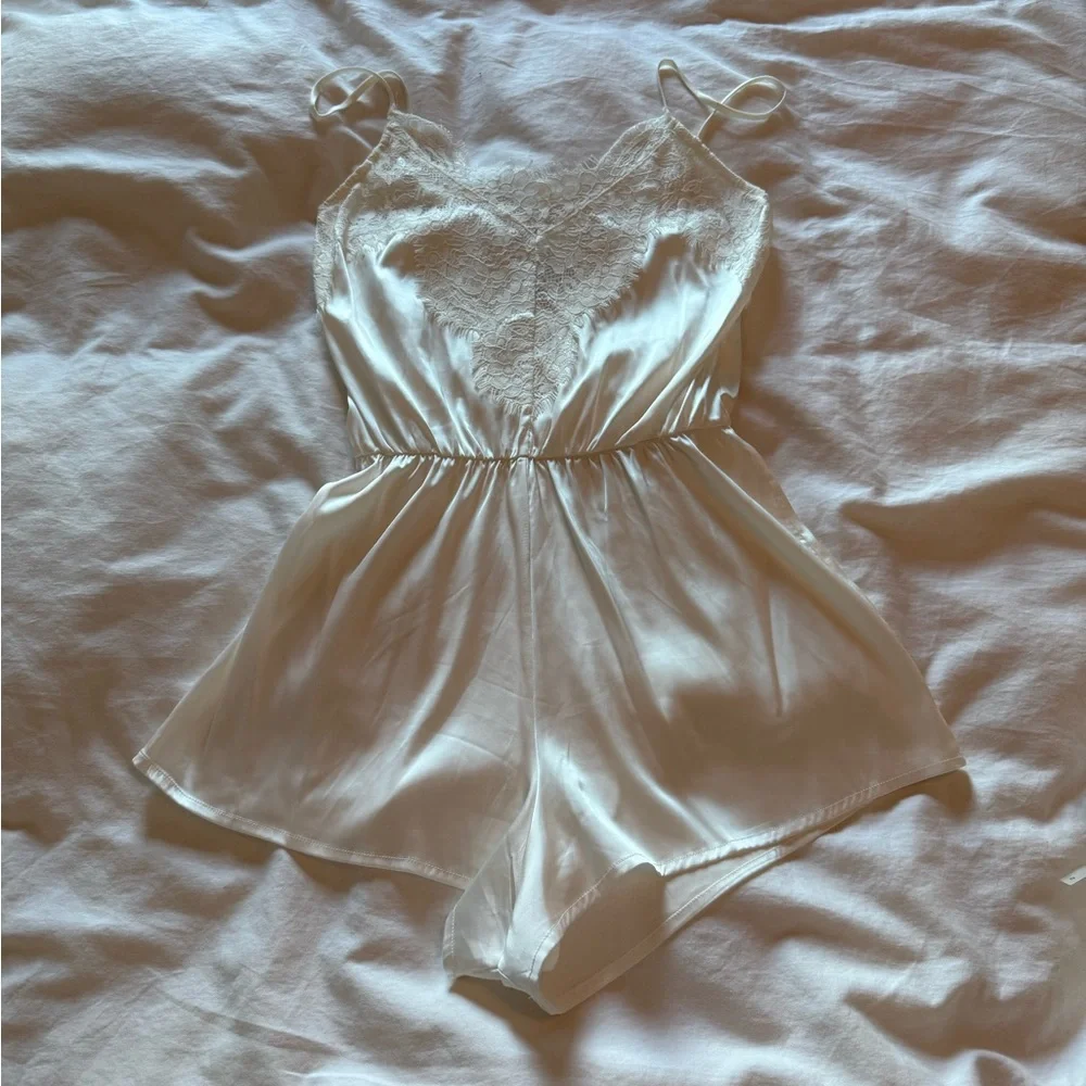 Lulus Be My Love White Satin Lace Lounge Romper - Size - Picture 4 of 6
